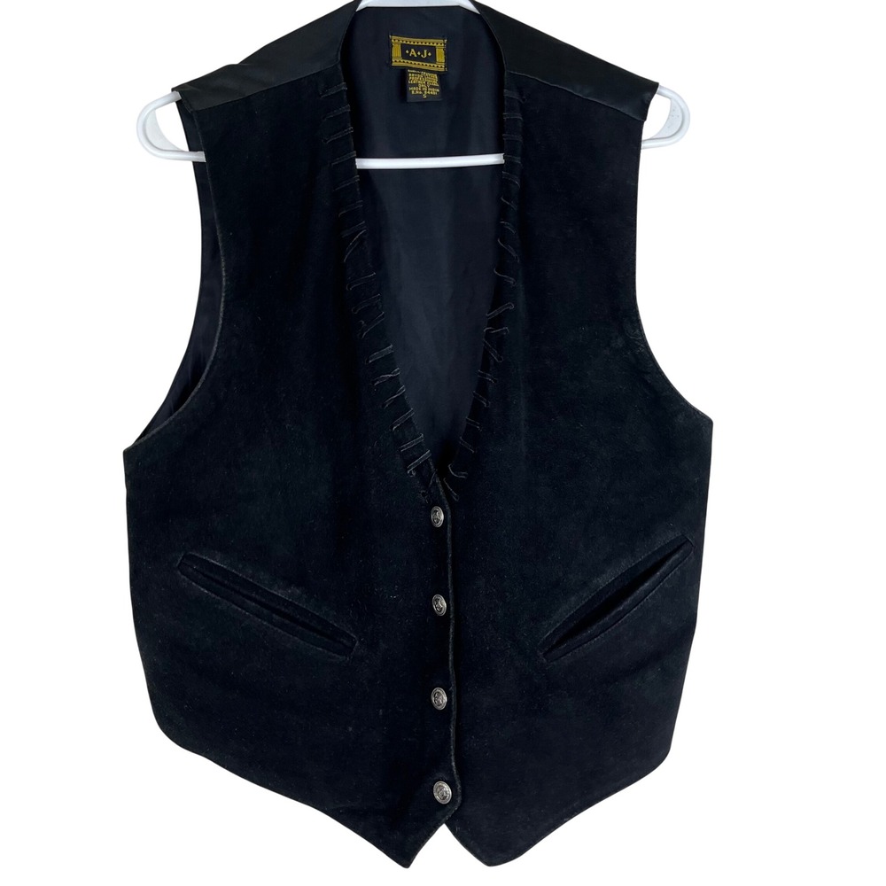 A.J. Vest Suede Leather Western Mens Small Black Whipstitch Star Button Cowboy